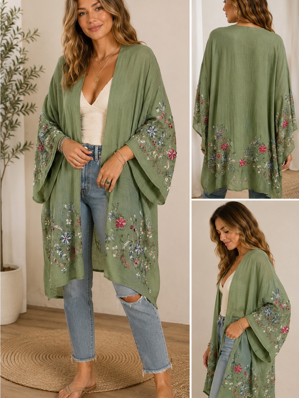 Boho Embroidered Floral Kimono Duster Cardigan Olive Green One Size